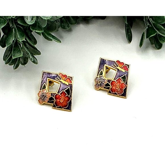 Vintage Cloisonné Square Earrings W/ Floral & Dragonfly Design In Gold-Tone Purp - Picture 2 of 5